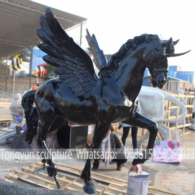 Life Size Black Fiberglass Flying Horse Sculpture