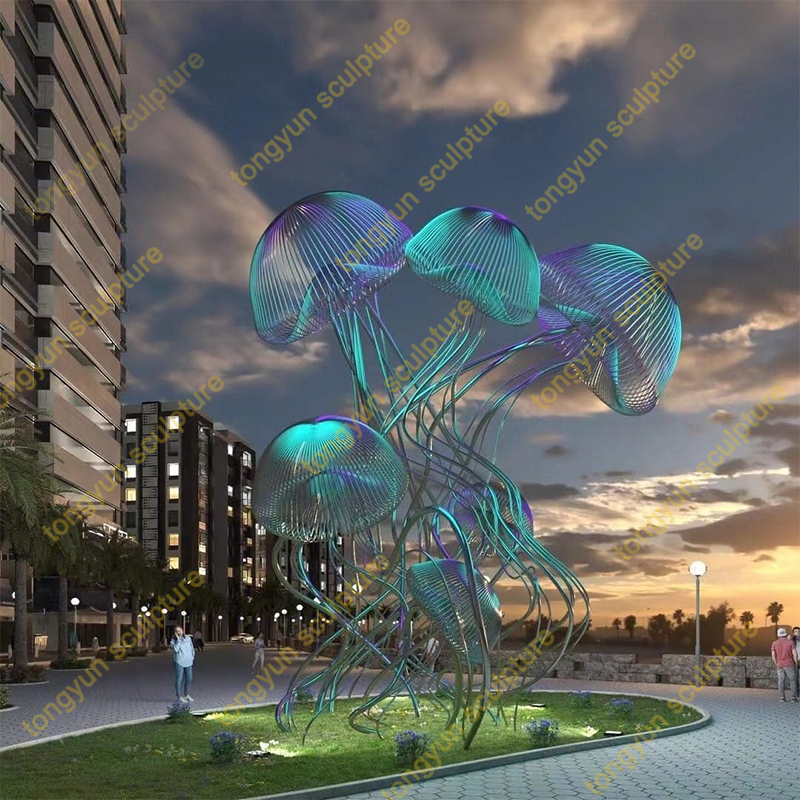 Outdoor garden stainless steel dandelion sculpture custom mirror light spherical abstract hollow jellyfish landing ornaments