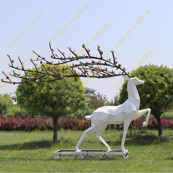 Life size outdoor stainless steel modern metal geometric deer elk statues sculpture for garden
