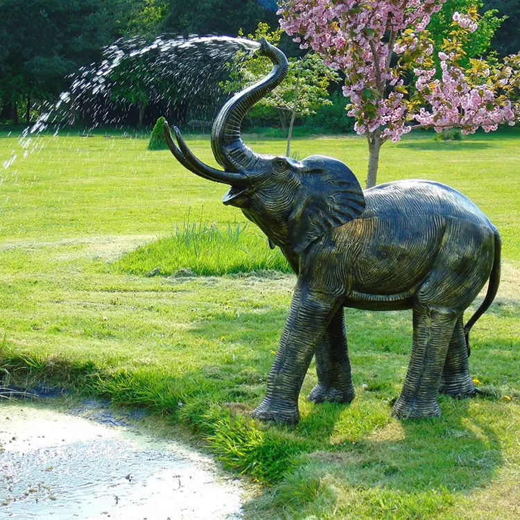 Life size large outdoor bronze elephant statue sprinkling water garden fountain