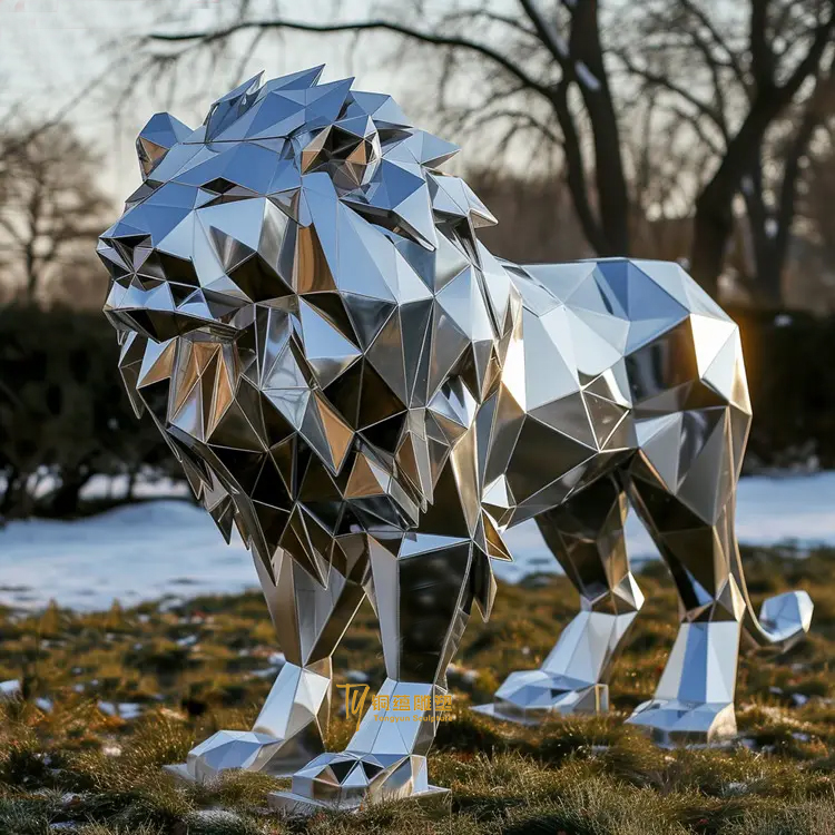 Modern Decoration Mirror Polished Geometric Stainless Steel Lion Sculpture