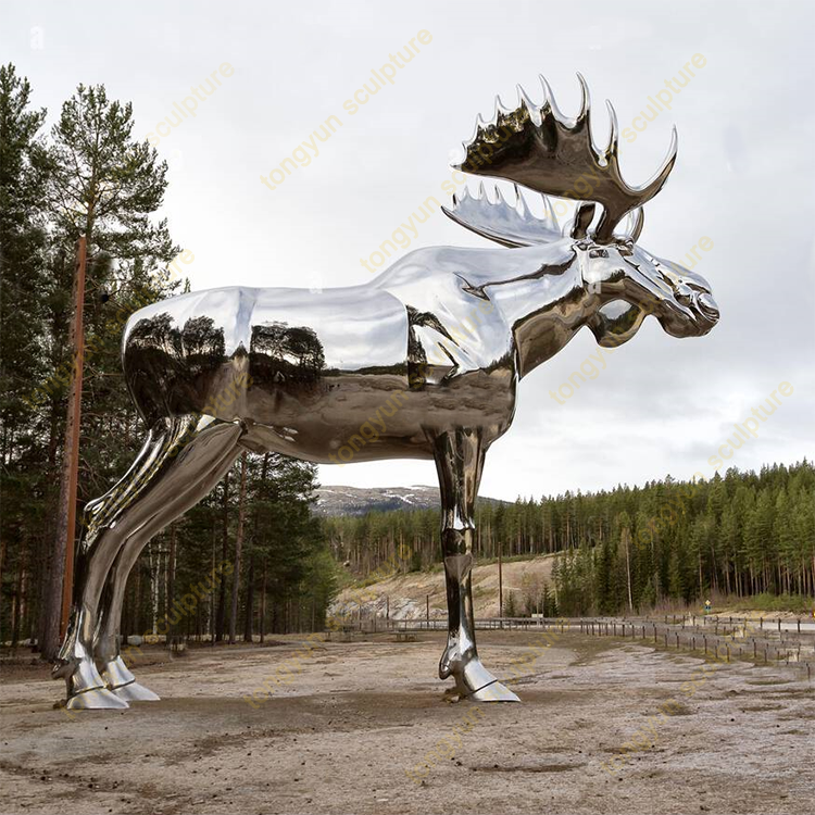 Outdoor garden decoration metal art sculptures animals figurines large polished stainless steel moose elk sculpture