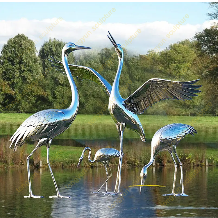 High Quality Animal Metal Statue Stainless Steel Crane Sculpture for Outdoor Decorative